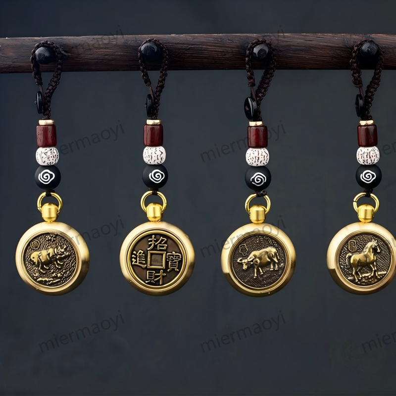 New Car Key Chain Engraving Craft Chinese Zodiac Rotating Handle Ornament Copper Collectible Stress Relief Tool Keyring Bag Accessory Birthday Ch-image-1076099306