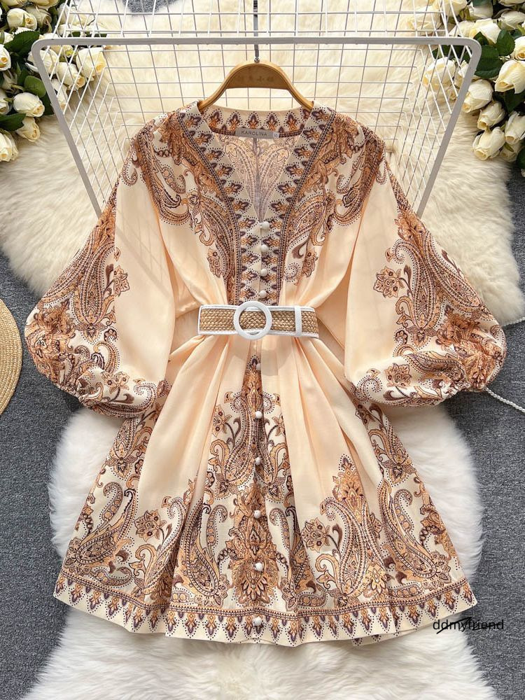 Basic Casual AELEWELL Women Dresses Spring Runway Fashion Paisley Print Vintage V Neck Long Lantern Sleeve Belted Mini Dress 230531 ddmyfriend ddmyf