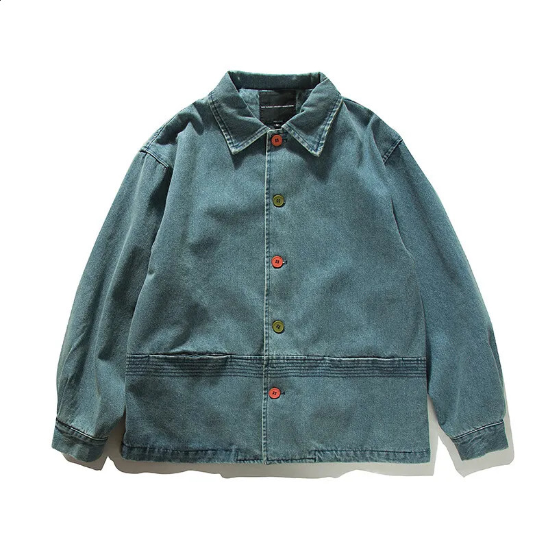 Color Button Denim Jacket Men Japanese Streetwear Fashion Loose Casual Vintage Denim Cargo Coat Cityboy Spring Autumn Coat 250920