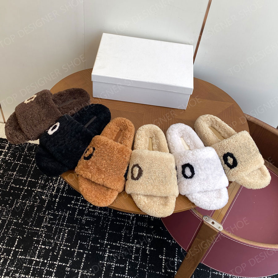 High quality Winter warm fur Slides furry fluffy Slippers shearling Sandals for womens Wool shoes Luxury designer Slides Outside vacation shoes F