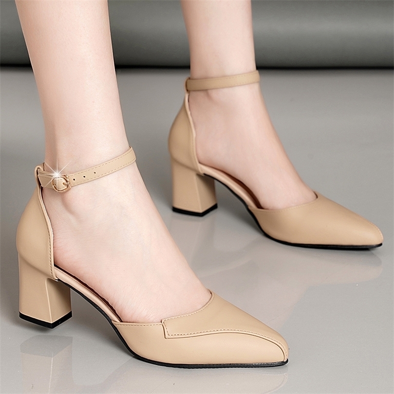 Highheeled Solid Color Sandals Female Fairy Style Summer Baotou Oord Buckle Thick Heel Ladies Comfortable Shoes250920