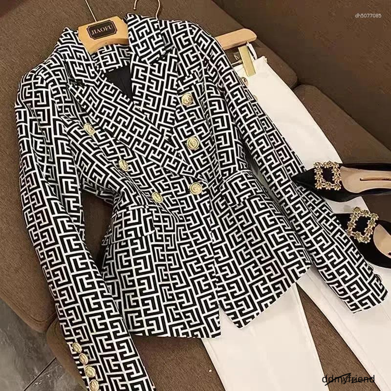 Women's Blouses France Fashion Double Breasted Pink Geometric Jacquard Slim Suit Jacket Vintage Aesthetic Office Lady Formal Coats ddmyfrien