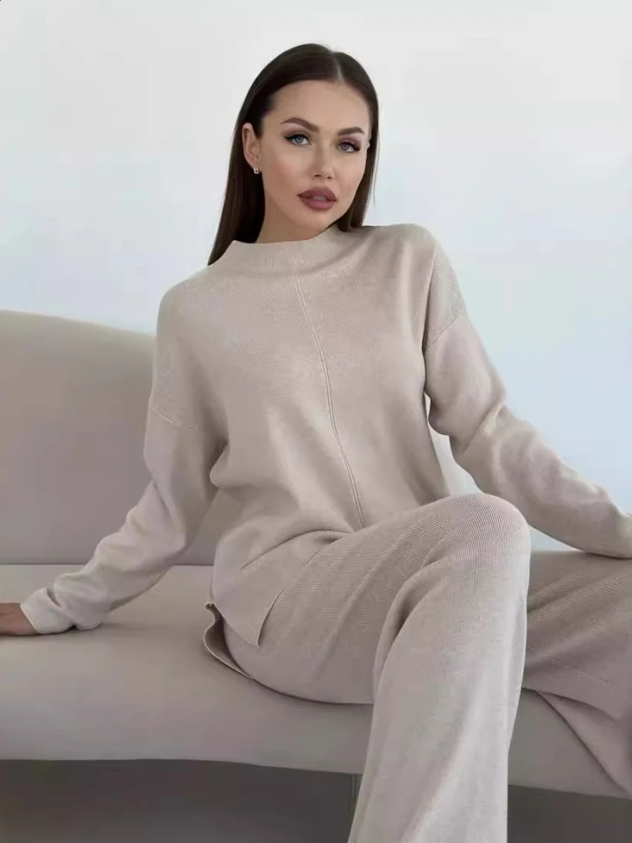 Blubelle Womens Loose Casual Sweater Wide Leg Pants Set Soft Cozy Knit Split Hem Comfort Outfit 250920