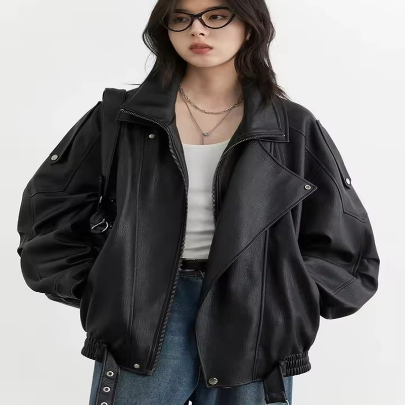 Mauroicardi Spring Autumn Retro Black Oversized Pu Leather Motorcycle Jacket Women Belt Zipper European Fashion 250920BJ