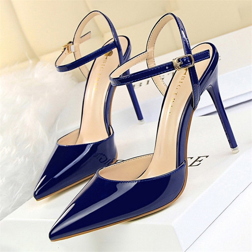Bigtree chaussures mode hautes talons chaussures brevet cuir femme pompes sexy talons talons bleu stiver stiletto talons femmes sandales 20252509