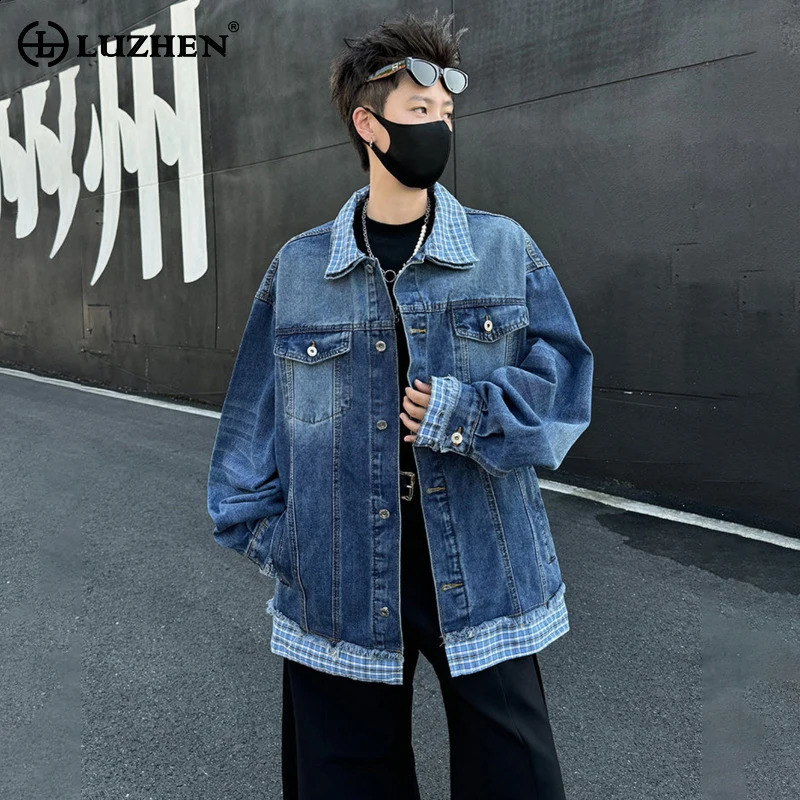 LUZHEN Original Two Piece Patchwork Plaid Printed Casual Denim Jacket Mens Autumn Fashion Loose Clothes JY4251 250920