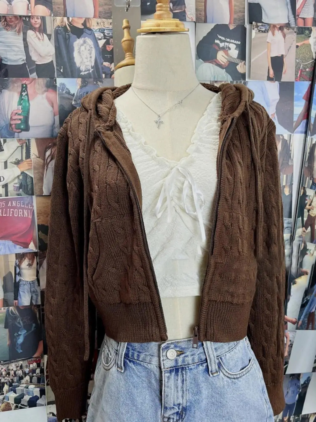 Brown Twisted Flower Tricot Cardigan Pull Femmes Automne à manches longues Capuche à capuche Crop Top Streetwear Fashion Y2K Panks 250920