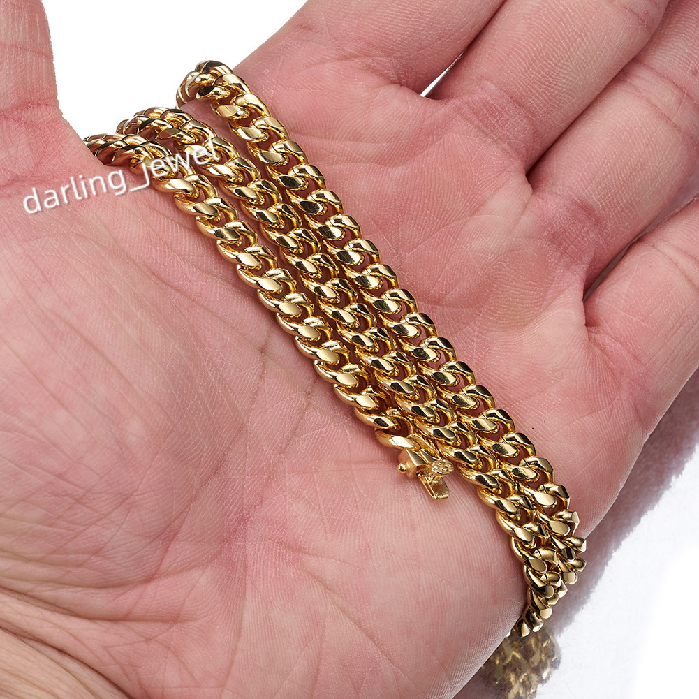 8MM 10MMHip Hop Stainless Steel Miami Cuban Link Chain Bibcock Clasp Mens 18K Real Gold Plated Jewelry