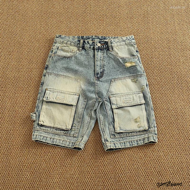 Short masculin denim d'été pantalon moyen de mode High Street Trend Baggy Multi-Pocket Cargo Quarter Ddmyfriend Ddmyfriend Ddmyfriend Ddmyfriend