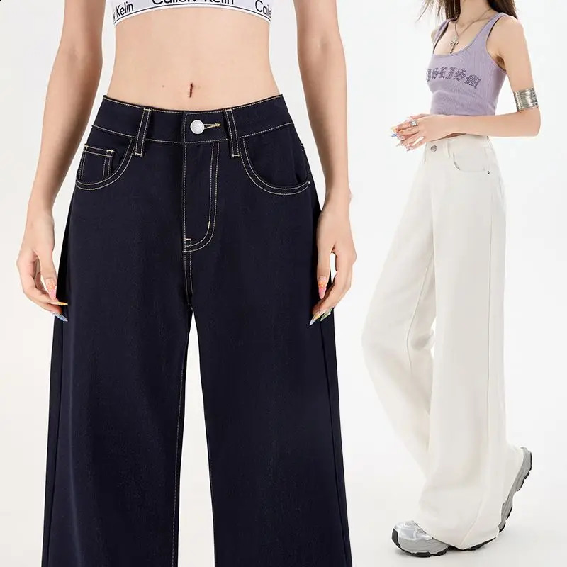Summer Womens Wide Leg Jeans Retro Patchwork Solid Baggy Straight Leg Denim Adjustable Waist High Quality 250920