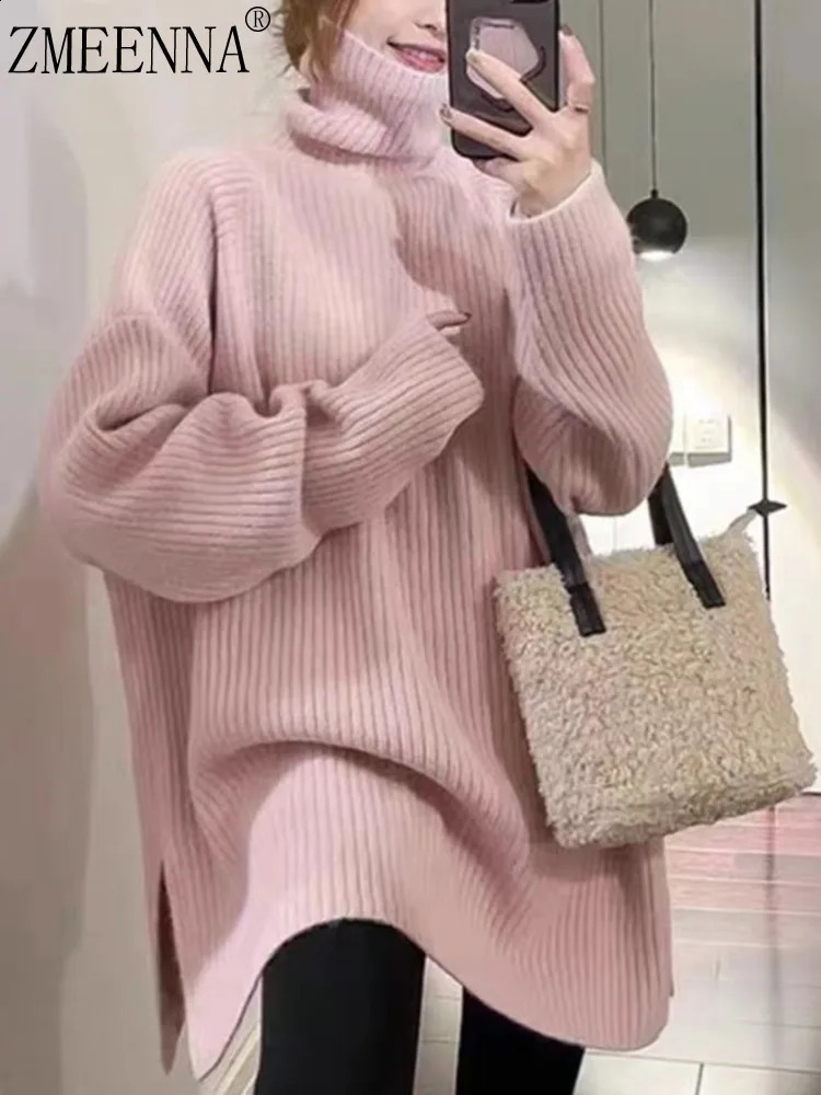 ZMEENNA Womens Casual Oversized Beige Ribbed Knit Turtleneck Sweater With Side Slits And Asymmetrical High Low Hem ZM3689 250920