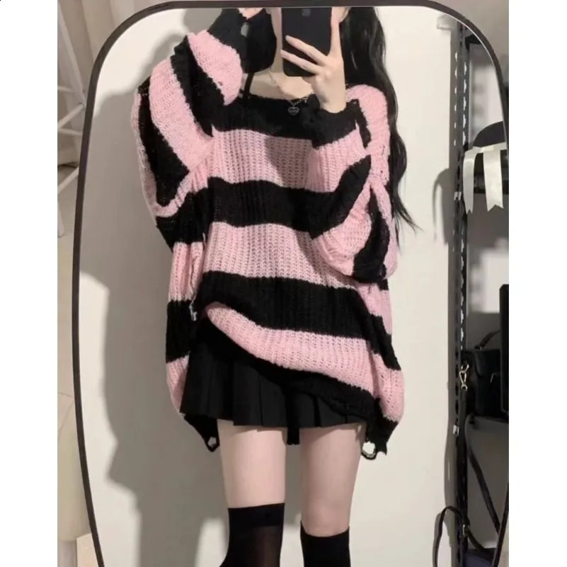 Spring Autumn Black Pink Sweater Womens and Medium Long Loose Lazy Style Striped Knitted Top 250920