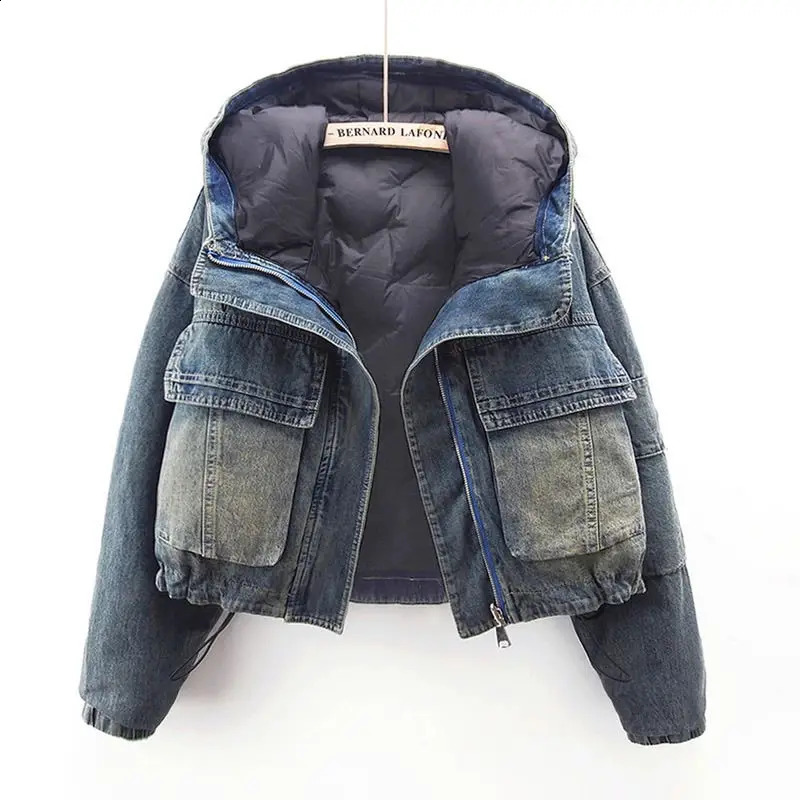 Autumn Winter Down Cotton Liner Light and Thin Down Cotton Denim Jacket Womens Short Twosided Top Pretty Jacket 250920