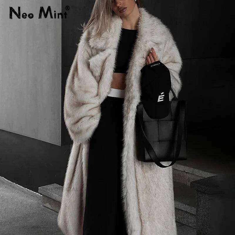 Neo Mint Vintage Long Faux Fox Coat Women 2024 Winter Warm Fluffy Fur Jacket Female Street Furry Outerwear Overcoat 250912