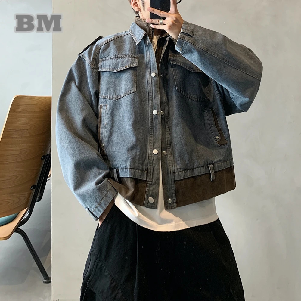 American Vintage Distressed Denim Jacket Men Faux Two Piece Hip Hop Streetwear Korean High Quality Oversized Urban Trendy Coat 250920
