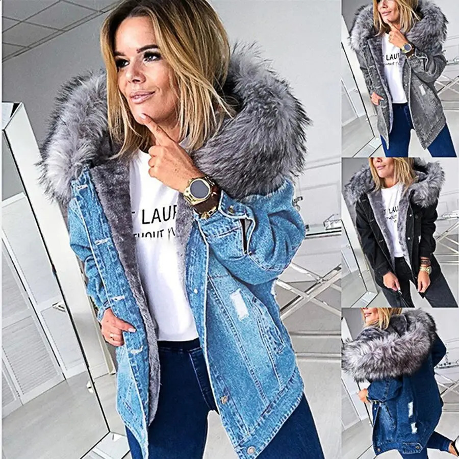 Winter Fur Jacket Women Denim Coats Faux Hooded Jean Thick Long Sleeve Frayed Overcoat Outwear Vintage Cotton Female Coat 250920