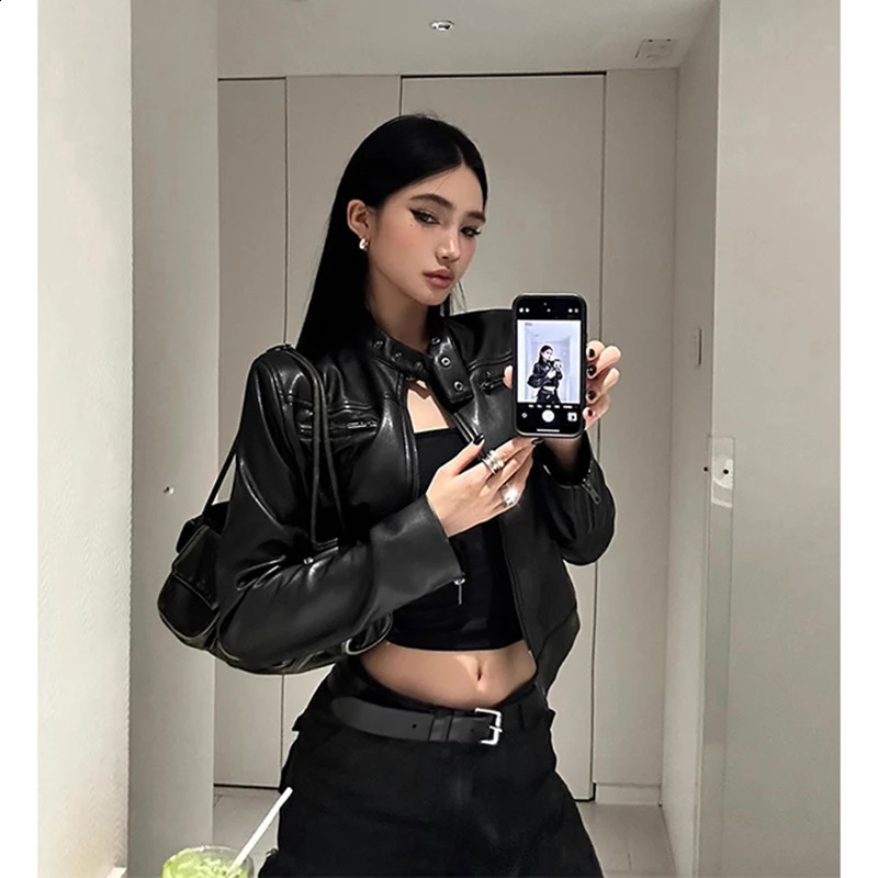 Vintage Pu Leather Jacket Women Streetwear Cropped Black Motorcycle Coats Fall Winter Y2K Harajuku Long Sleeve Short Outerwears 250920BJ