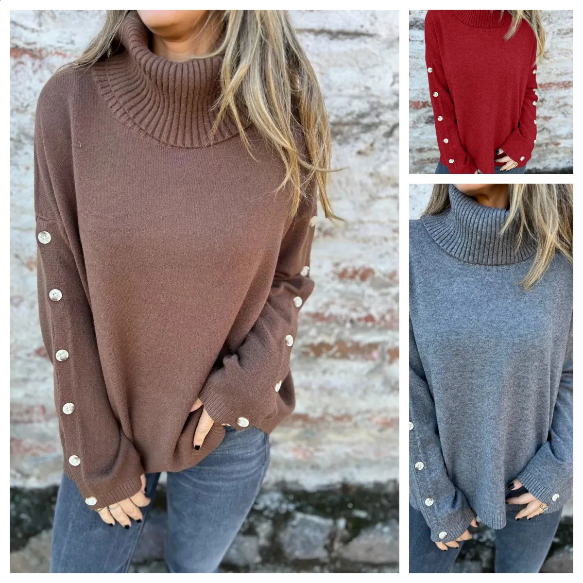 Turtleneck Grey Button Sweaters For Women Autumn Casual Long Sleeve Loose Knitted Pullover Lady Warm Soft Brown Sweater Oversize 250920