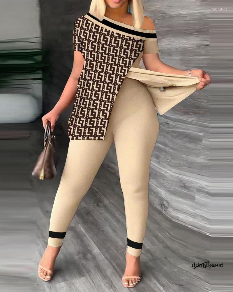 Women's Two Piece Pants Summer Women Geometric Print Split Hem Top & Set 2023 Femme Short Sleeve Casual Suits Lady Outfits Y2k S-3Xl ddmyfriend