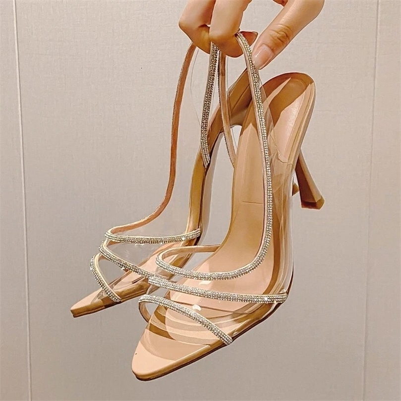 Women Summer Rhinestone Slingback Pumps Office Lady Transparent Heeled Sandals Elegant Pointed Toe Female Sexy High Heels250920