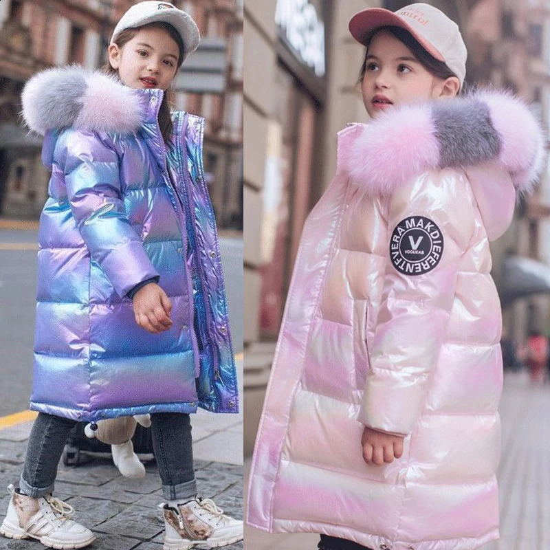 314 ans Hiver Boys Girls Jacket Long Style Collier de fourrure à capuche Collier coloré coloré pour enfants