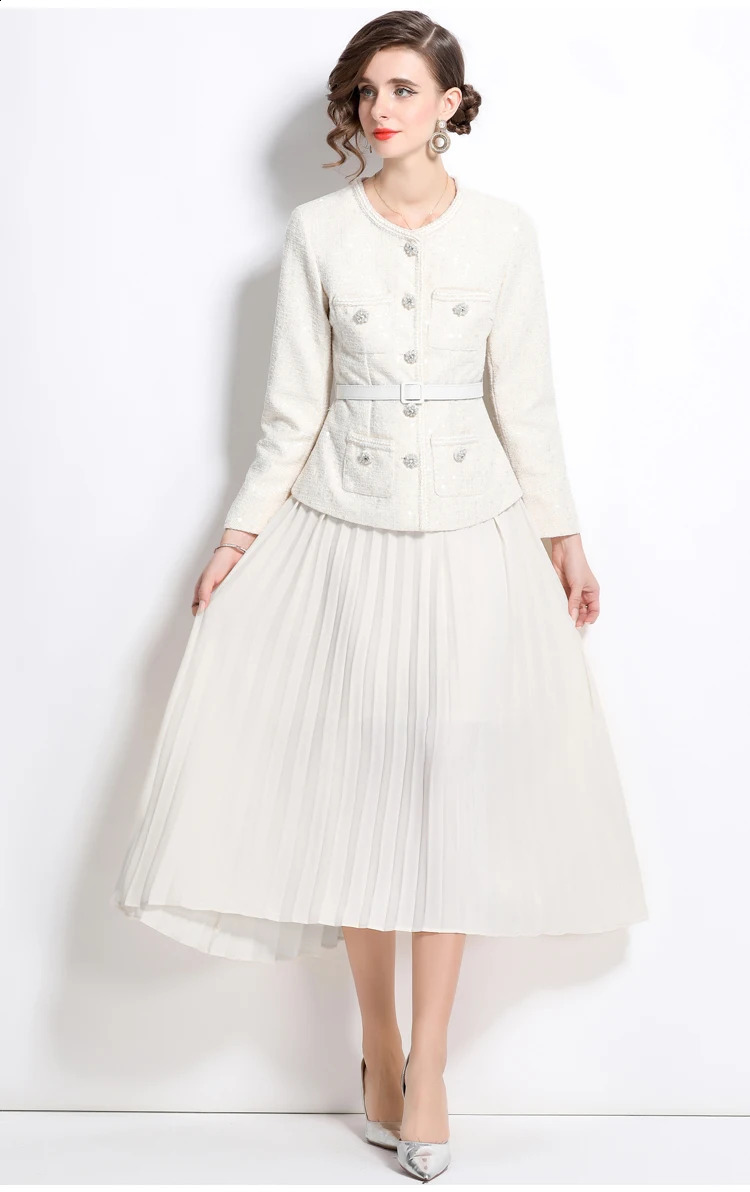 Automne à manches longues Crystal en deux pièces pour femmes vestes en tweed manteau de perle plissé midi long mousseline de mousseline de mousse