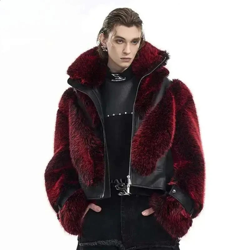 Mens Leather Patchwork Plush Fur Coat Autumn Winter Long Sleeve Male Tops Jacket 250920