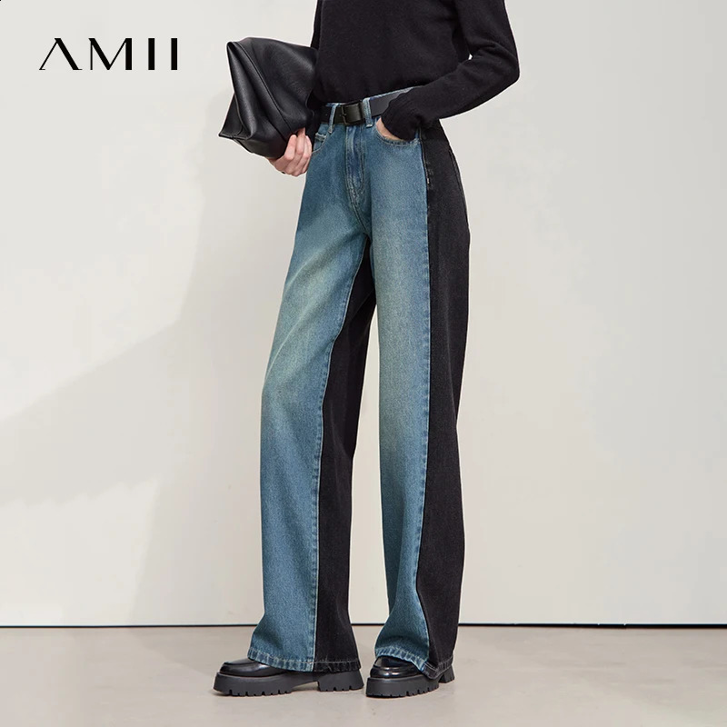 Amii Jeans pants women autumn casual retro Womens denim pants loose patchwork Versatile wideleg ladies pants 12553027 250920
