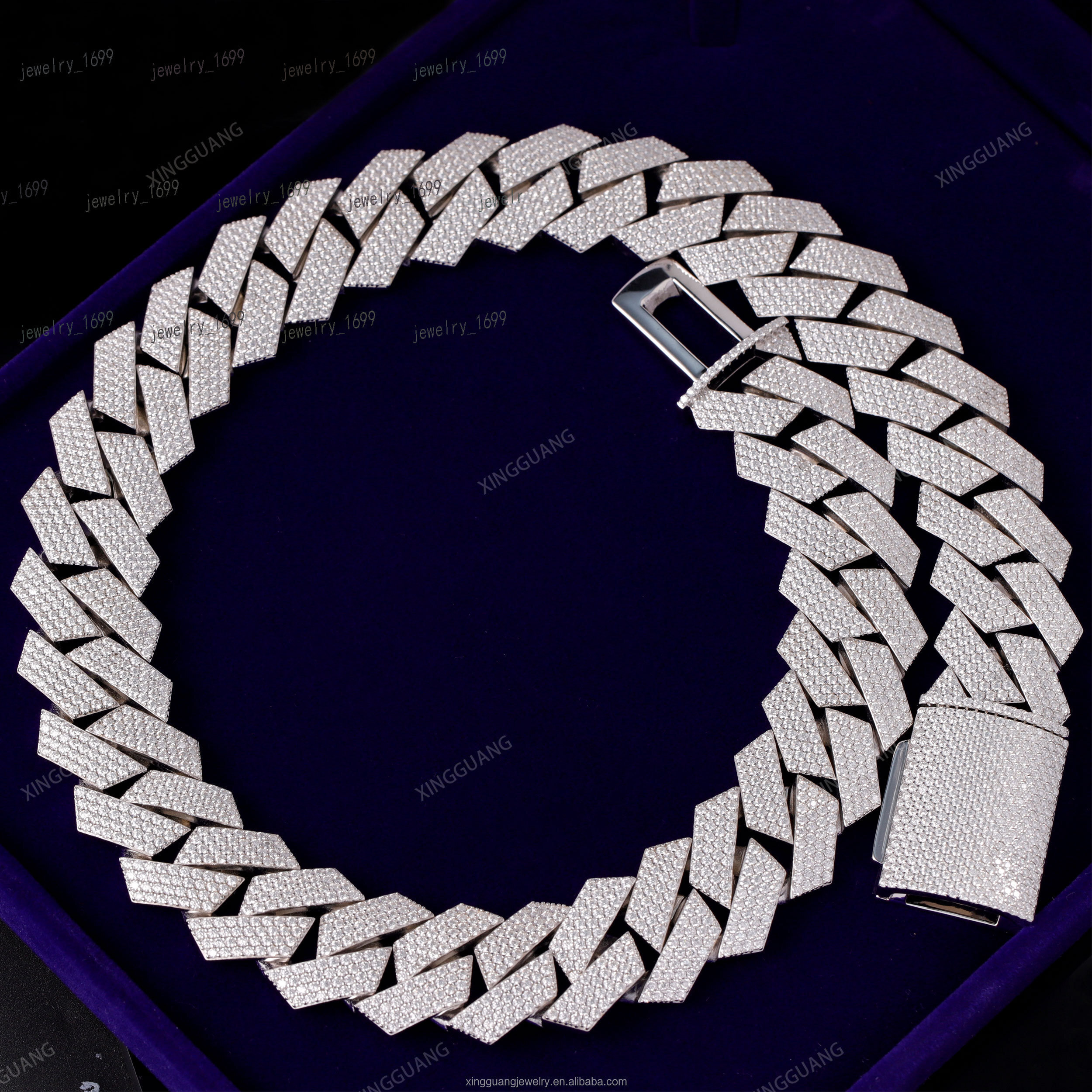 XingGuang Custom 24mm 4rows Big Cuban Chain S925 Silver Iced Out Hip Hop Jewelry Handmade Setting Solid Moissanite Necklace Link