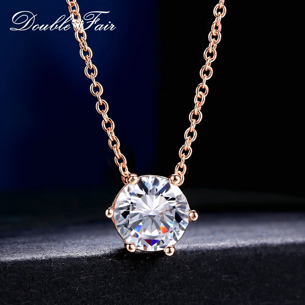 Double Fair Simple OL Style 6 Claw Cubic Zirconia Necklaces Pendants Rose Gold Color Chain Jewelry Gift For Women DFN431 250920