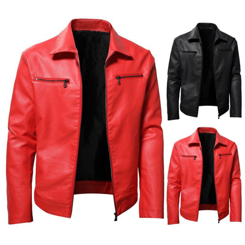 Mens Red Fashion Slim Motorcycle PU Leather Wearresistant Lapel Leather Jacket 250920