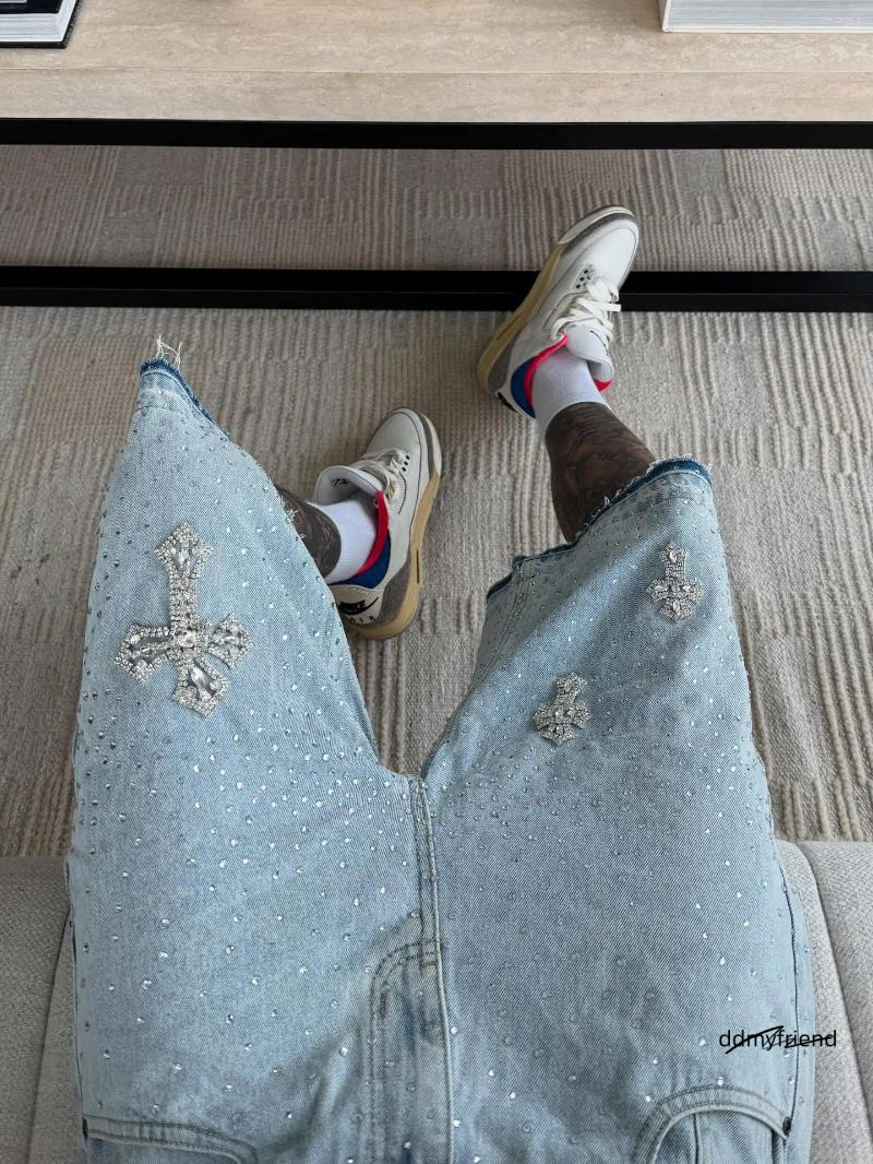 Pantaloncini da uomo Gotico Strass Croce Ricamo Virale Denim Jorts Vintage American Trend Palestra Uomo Donna Strada Hip Hop Jean Corto ddmyfriend d