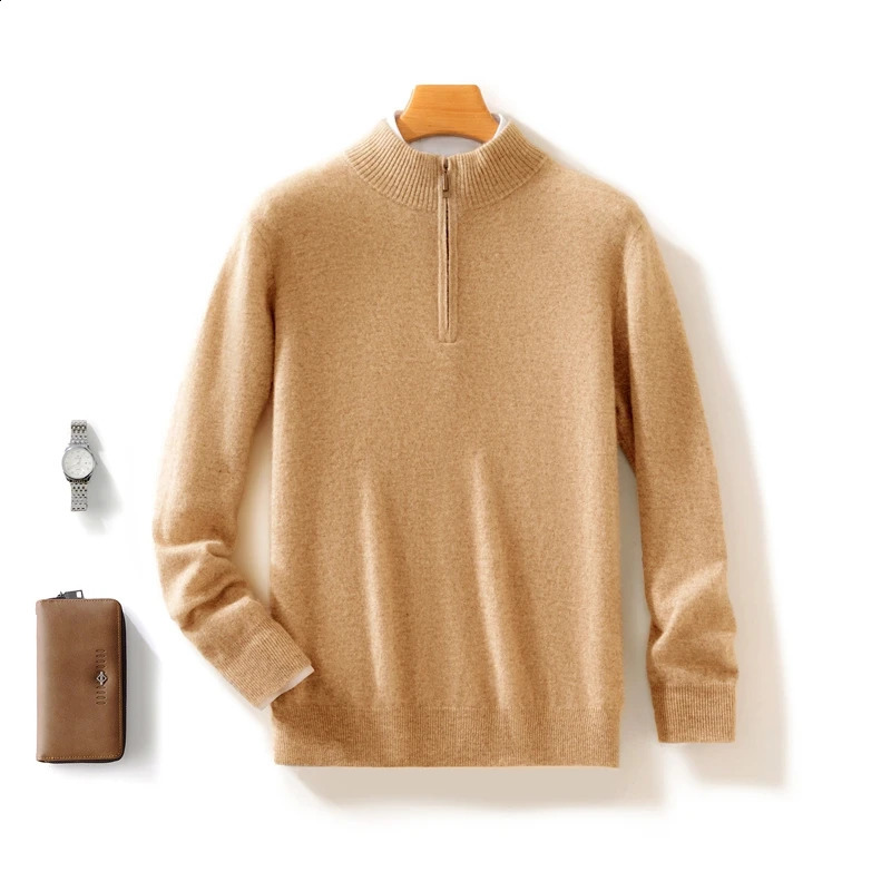 Highend 100 Cashmere Pullover for Men Mock Collar Thick Sweater Autumn Winter Knitted Jumper Warm Clothing Smart Casual Top 250920