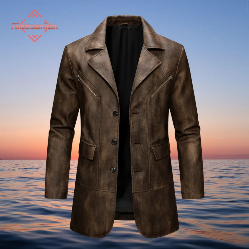 MidLength Leather Jacket Man Fashion Turndown Collar Outdoor Camping Windproof Coat Casual Daily Style Autumn Winter Clothing 250920