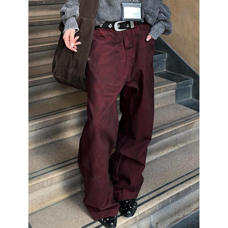 Vintage Women Burgundy Jeans High Waist Y2K ed American Style Streetwear Denim Pants Casual Female 90S Trousers 250920