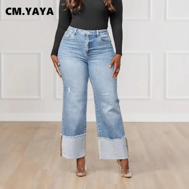 CMYAYA Women Streetwear Straight Washed Denim Patchwork Wide Leg Jeans Pants Spring Fashion Ripped Out Party Trousers 250920