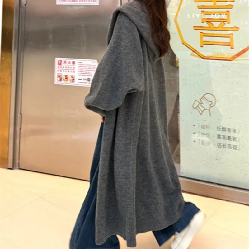 Fashion Gray Sweater Jacket For Autumn And Winter Loose Hooded Knitted Cardigan Long Style For Women Sweatershirt Black XXL 250920