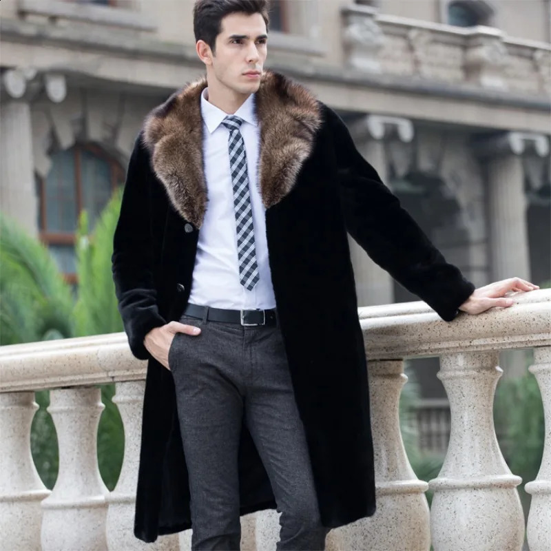 Winter Long Faux Fur Coat Men Windproof Fur Collar Trench Coat Slim Business Casual Long Sleeve Fur Coat Plus Size 250920