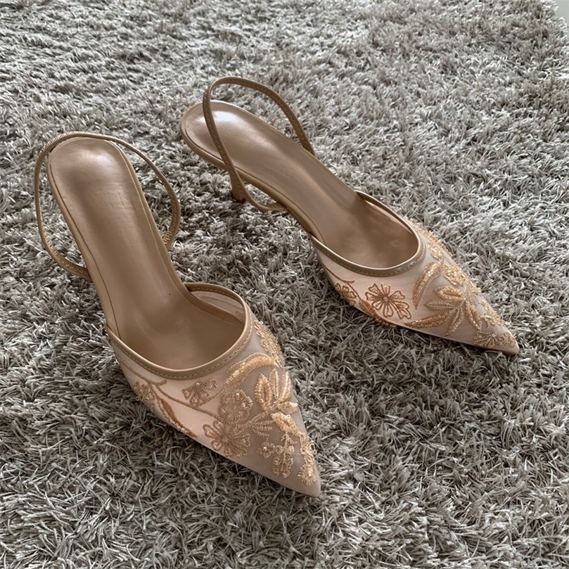 Sandales femmes mode mesh brodées perles à enfiler talon haut 7,5 cm bout pointu brides chaussures été Mujer250920