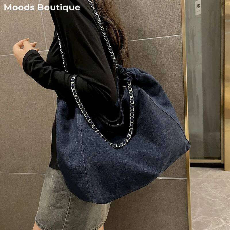 Designer Bag Chic Style Big Chain Shoulder Tote Bags For Women 2023 Designer Handbags Denim Fabric Pure Color Large Capacity Shoppers