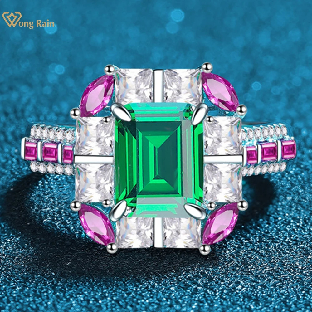 Wong Rain Vintage 100 925 Sterling Silver 79 MM Emerald High Carbon Diamond Gemstone Ring for Women Wedding Engagement Jewelry 250920
