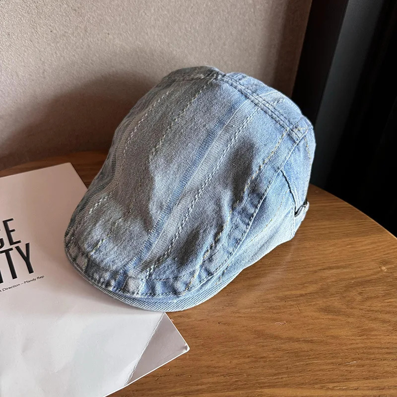 Korean Style Denim Striped sboy Baker Boy Cap Vintage Retro Reversible Soft Unisex Casual Daily Wear Outdoor Trendy Hat 250920