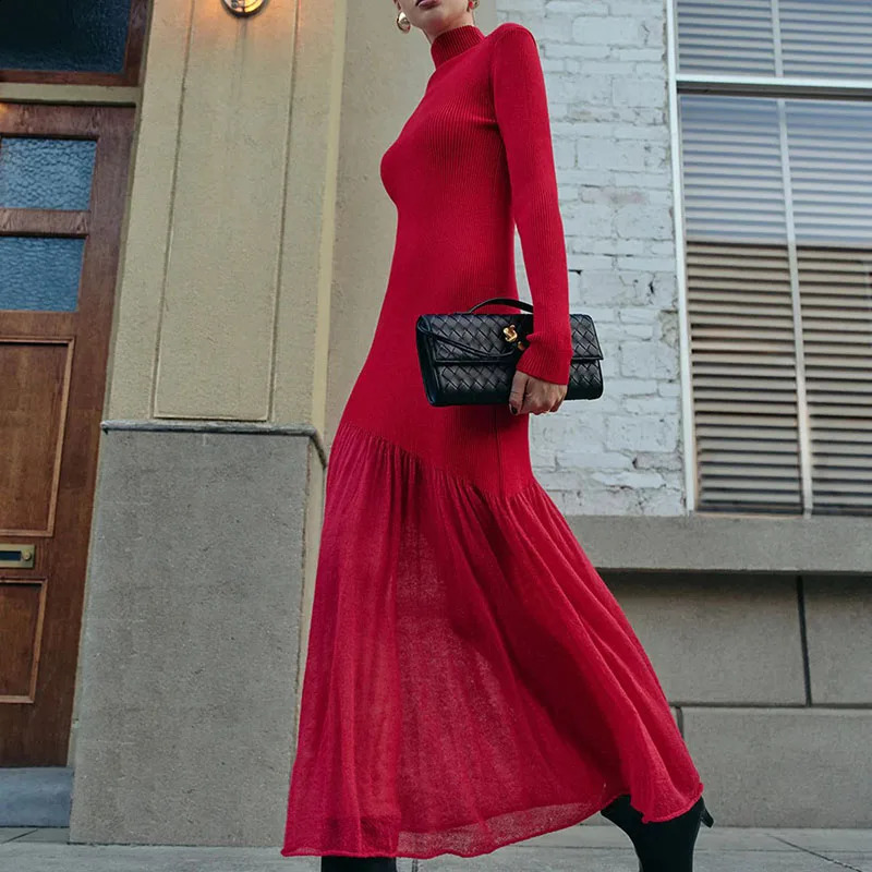 Autumn Casual Long Sleeve Party Dress Winter Women Elegant Mesh Splicing Maxi Dress Fashion Half High Collar Knitted Long Dress 250920