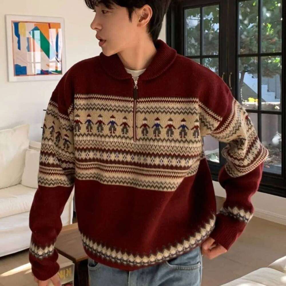 Christmas American Style Autumn And Winter Street Fashion Half Zipper Polo Sweater For Couples Loose Retro Red Haruku Knit Top Y2k