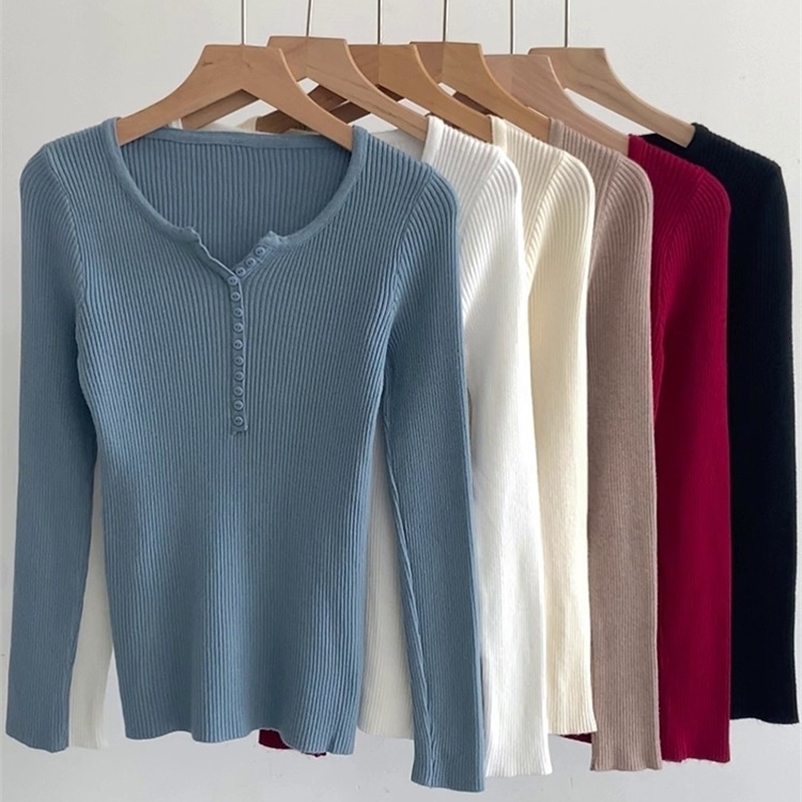 2025 Automne Bouton d'hiver V Pull à cou de cou Femmes Basic Slim Pullover Pullaires et pullouss Treater Jumper Tops chauds Softs Y250920