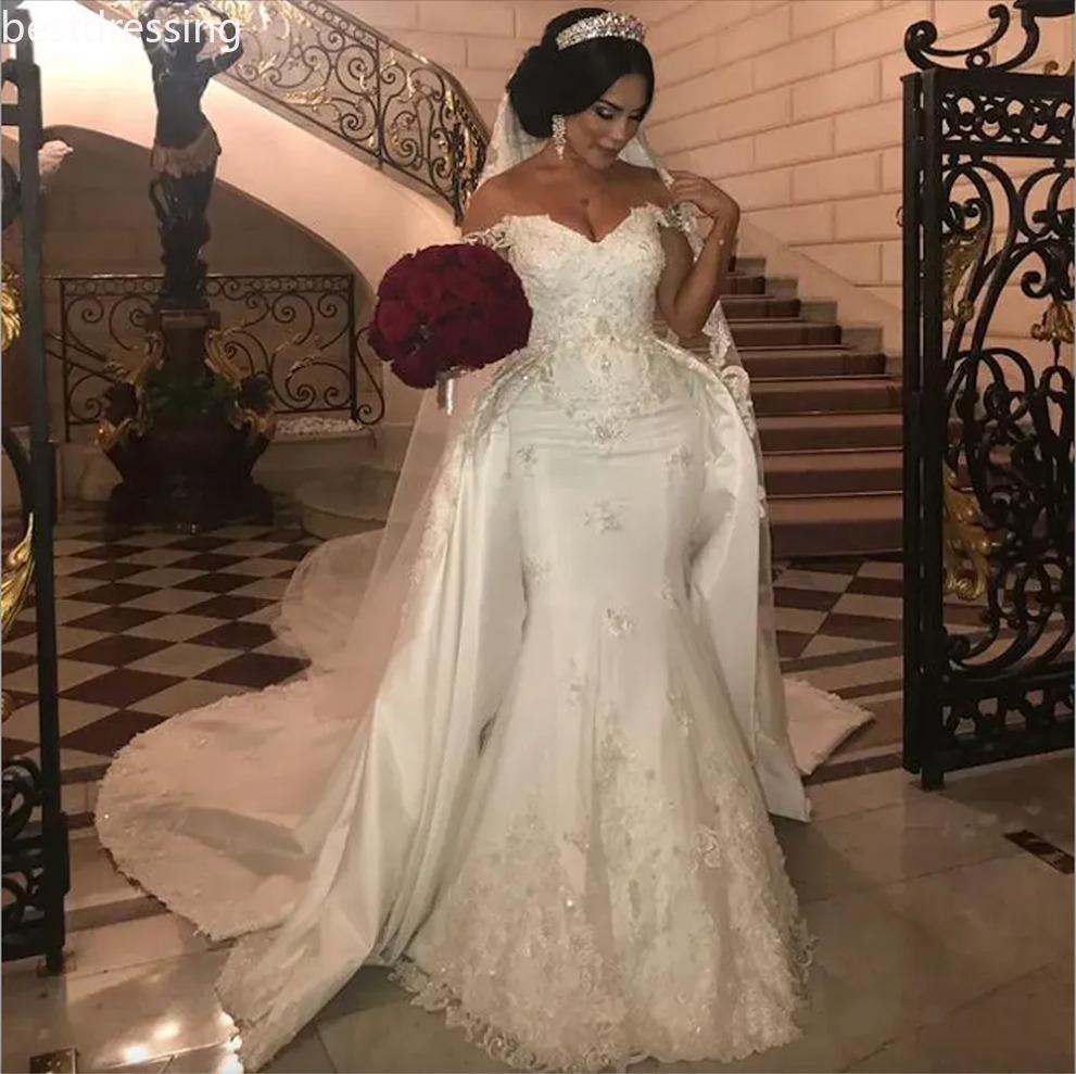 Robes de mariée en dentelle en perle élégante Robes de mariée sirène avec train détachable à l'épaule Applique Ivory Satin Bride Robe 0922
