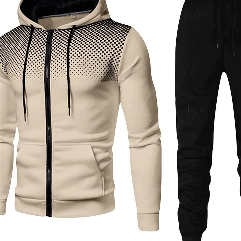 Mens Fashion Print Tracksuit Zipper Hooded Sweatshirt Sweatpants Casual Fitness Jogging Sports TwoPiece Set 250920