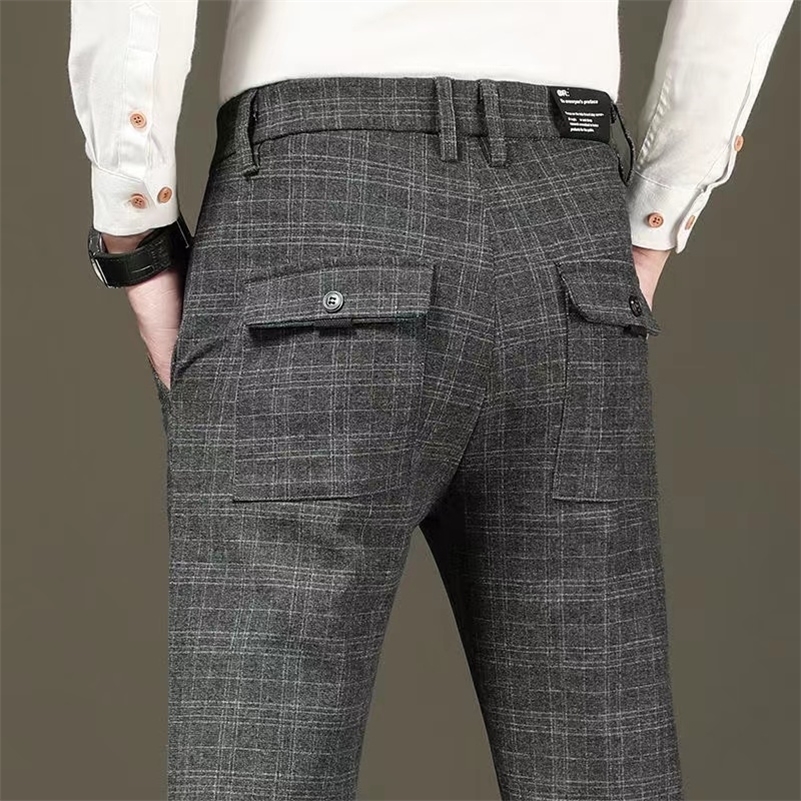 Fashion Black Grey Casual Trouses Mens Straight Fit Long Pants Striped Plaid Four Seasons High Quality Business Trousers 250920