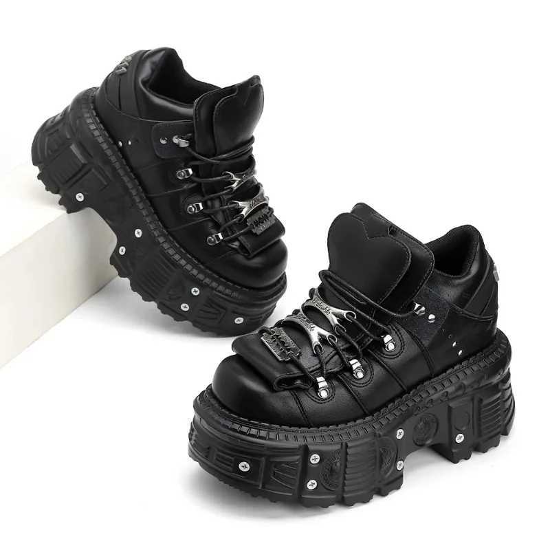 Woman Sneakers New Punk Style Women Shoes Gothic Ankle Rock Boots Laceup Heel Height Platform Shoes Woman Metal Decor W250922