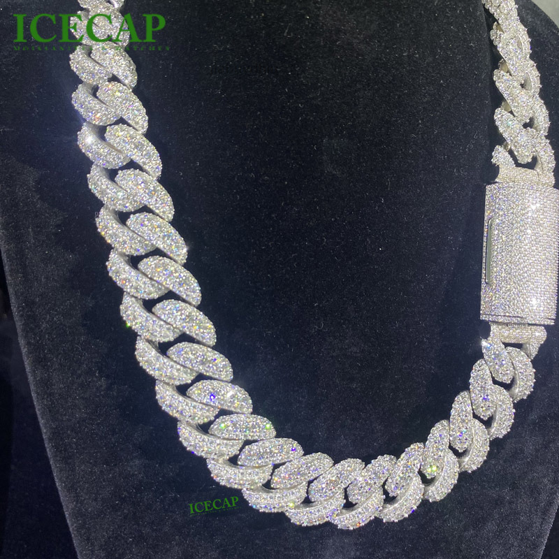Rapper Hip Hop Jewelry Prong Setting GRA 925 Sterling Silver White Gold Plated Miami Moissanite 20MM Mosaic Cuban Chain